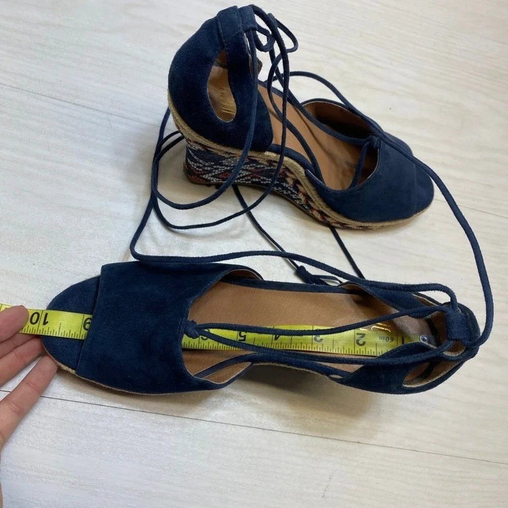 Cabi Navy Blue Suede Espadrille Wedge Sandals Lace Up Tassel‎ Embroidered 8M